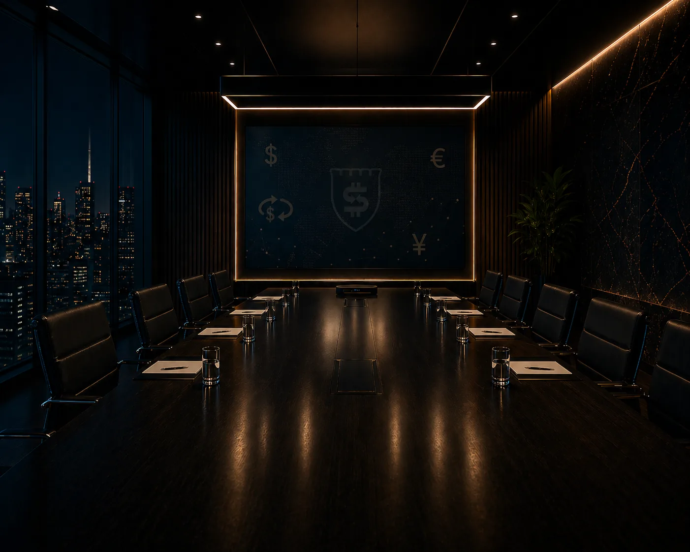 Castle Currency workshop boardroom with presentation screen showing currency strategy session